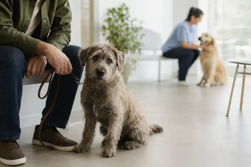 Ein Glen of Imaal Terrier sitzt ruhig neben seinem Besitzer im hellen Wartezimmer einer modernen Tierarztpraxis.